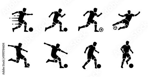 Soccer player silhouette icons set, football athlete action poses with ball, black vector sport figures for competition and training design
