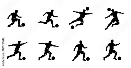 Soccer player silhouettes set, 8 football athlete action poses, black male sports figures playing with ball, dynamic athletic vector icons