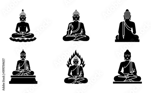 Buddha statue silhouette icons set, 6 black vector illustrations of meditating monks, spiritual zen yoga and mindfulness design elements