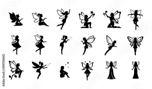 Fairy silhouette collection, 18 magical pixie vector icons, mystical winged elf characters, black fantasy sprites for storybook illustrations and decals