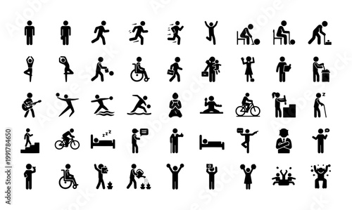 Human pictogram icon set, 45 black stick figure symbols of people in various activities, lifestyle and daily routine vector silhouettes for infographics
