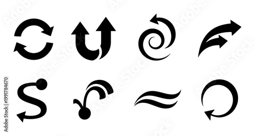 Minimalist black arrow icons set, 8 curved directional vector symbols, circular motion and spiral rotation signs for navigation and interface design
