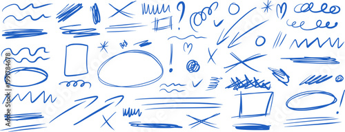 Hand-drawn messy blue pen school doodles. Abstract scribbles, naive scratches set. Text highlight lines, circles, underlines and scrawl. Vector pencil brush scratches isolated collection.
