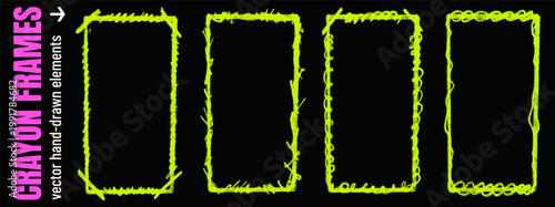 Crayon frame with brush scratch and neon rectangle hand drawn text box. Grunge crayon border with chalk pencil rough shape and scribble frame. Vector scrawl set for story post and handmade poster.