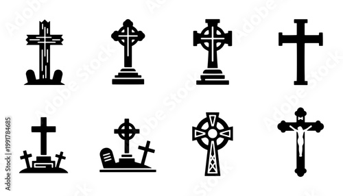 Christian cross icons set, religious crucifix symbols and cemetery gravestones, black vector silhouettes of celtic and gothic crosses for funeral design