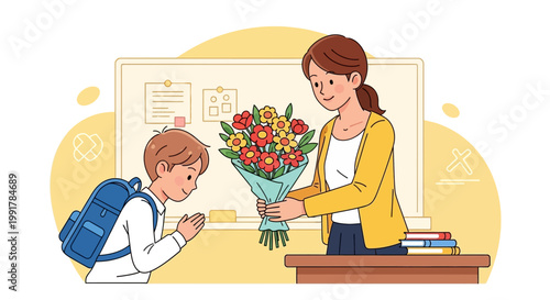 A young student giving a beautiful bouquet of flowers to his teacher.