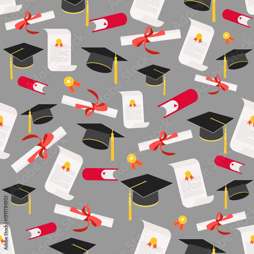 Graduation pattern with diplomas, books, and caps on a gray background