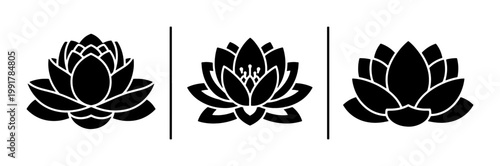 Cuadro en lienzo Minimalist lotus flower silhouette icons, black floral lily vector set, zen yoga