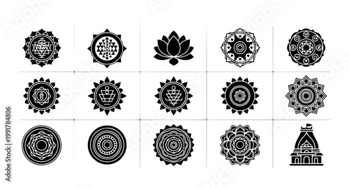 Sacred mandala vector icons set, black geometric spiritual symbols and lotus flower, 15 ornamental yoga and meditation elements for branding