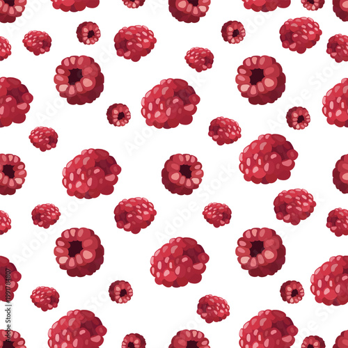Raspberry pattern seamless with red berries on white background for food or fruit themed designs
