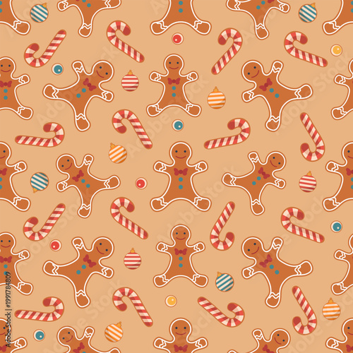 Christmas gingerbread pattern with candy canes and baubles, ideal for holiday backgrounds
