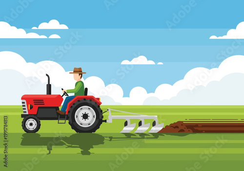 Farmer driving a red tractor with a plow attachment in a green field under a blue sky with clouds