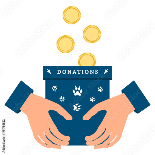 Donation box with coins and hands holding container. Concept of charity and giving. White background