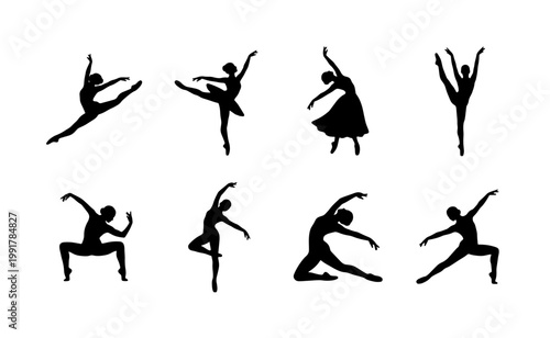 Graceful ballet dancer silhouettes set, elegant ballerina poses in black vector icons, 8 female dance figures for theater and performance art design