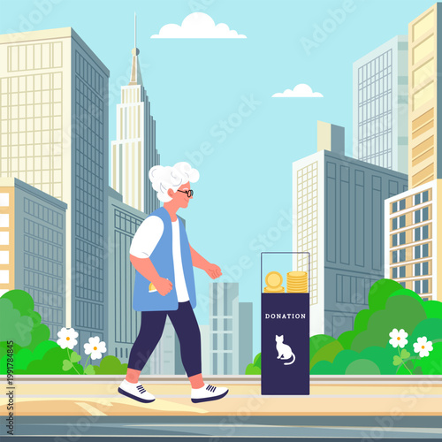 Elderly woman walking past cat donation box on sunny city street with skyscrapers in background