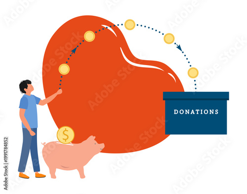 Donation concept with man placing coin in piggy bank and arrow guiding to donation box
