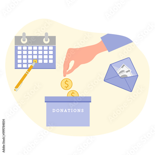 Hand placing coins in donation box with calendar and envelope background