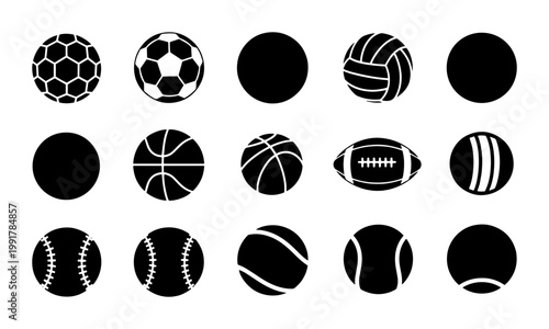 Sports ball icon set, black silhouette athletic equipment collection, 15 vector symbols for soccer, basketball, football and tennis, minimalist game gear