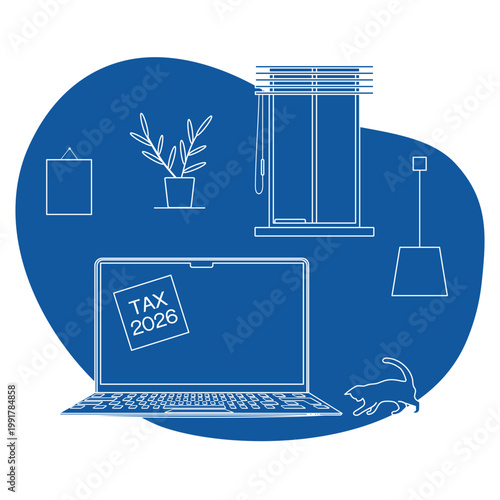 Tax season concept with laptop, plant, window, and playful cat outline on blue background