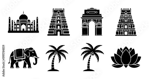 Indian culture icons set with 8 black vector silhouettes, traditional landmarks and heritage symbols, travel and tourism graphic elements