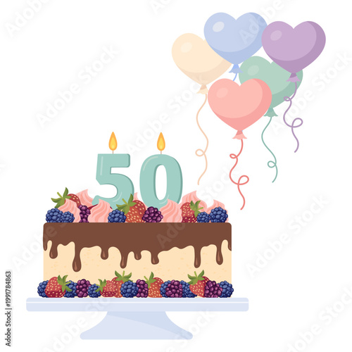 Fiftieth birthday cake with chocolate frosting and fruit decorations, accompanied by heart-shaped balloons