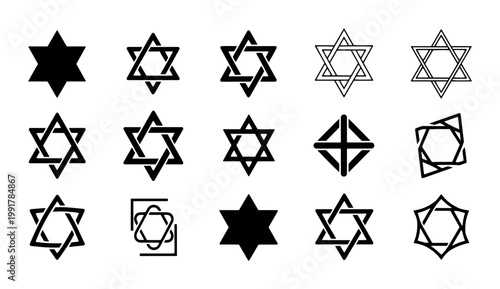 Star of David vector icon set, 15 black Jewish hexagram symbols, religious Magen David silhouettes, Hebrew cultural identity graphic elements