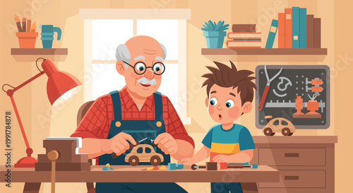 Grandfather and Grandson Building Toy Car Together.