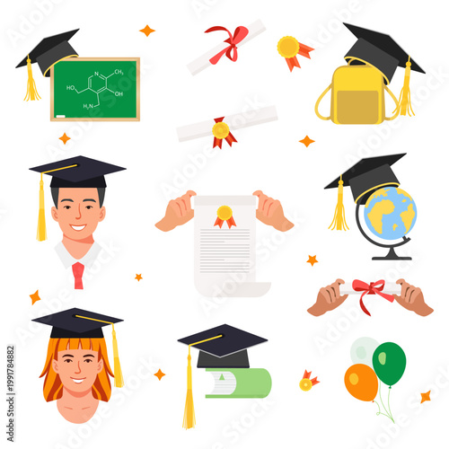 Graduation items, cap, diploma, and student illustrations for academic achievement concepts