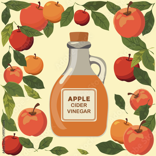 Apple cider vinegar bottle surrounded by apples and leaves, perfect for autumn-themed background