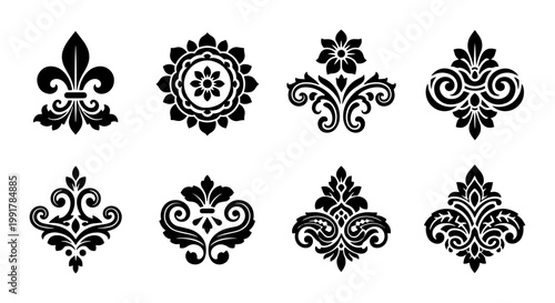 Vintage fleur de lis and damask floral ornaments, set of 8 black decorative vector icons, elegant heraldic symbols and baroque scroll motifs