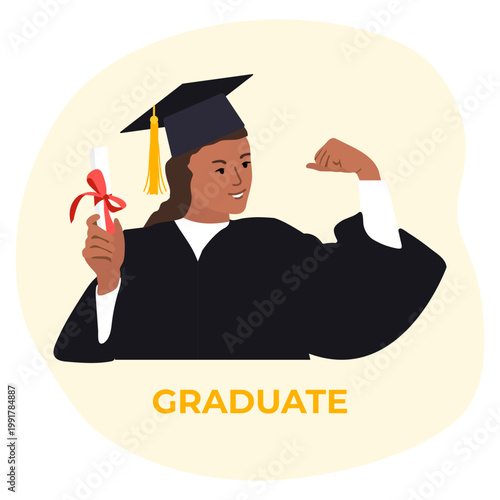 Graduate celebrating with diploma, wearing a cap and gown in a minimal background design