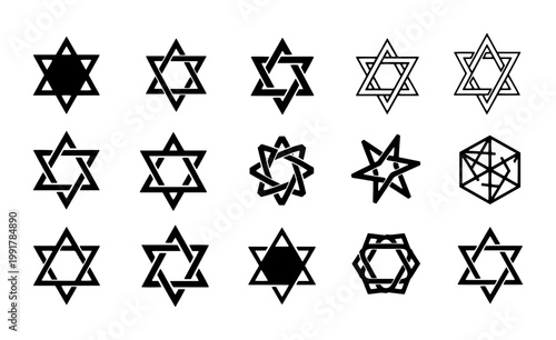 Star of David vector icons set, 15 Jewish hexagram symbols in black and white, religious Magen David graphic elements for Hanukkah and Judaism