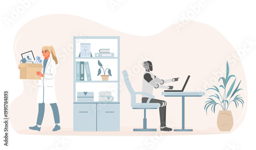 Robot working at desk while female scientist leaves lab carrying personal items.