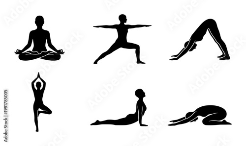 Yoga poses silhouette collection, set of 6 black asana vector icons, meditation and fitness exercise figures for wellness branding and health apps