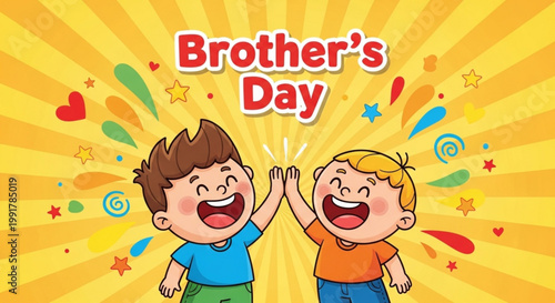 Happy cartoon brothers high fiving with joy on brother's day surrounded by vibrant yellow background with stars and heart symbols