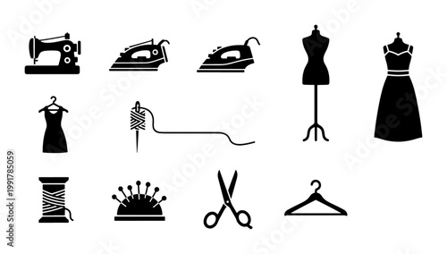 Quadro su tela Tailor shop sewing icons set, black silhouette dressmaking equipment vectors, fa