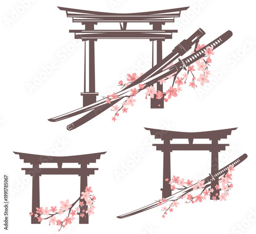 japanese katana decorated with blooming cherry tree branches and shinto torii gate - samurai sword with scabbard and sakura vector design