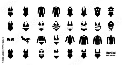 Quadro em tela Burkini full coverage swimwear icons, modest swimsuit and bikini vector set, bla