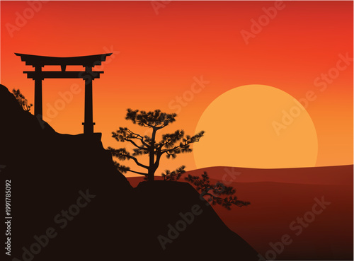 traditional japanese shinto shrine torii gate entrance on rock cliff at sunset -  asian mountain horizontal landscape vector silhouette scene
