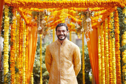 Creative composition of indian groom smiling under floral wedding arch decorated with marigold garlands and lights, elegant sherwani attire, bright natural daylight, in professional