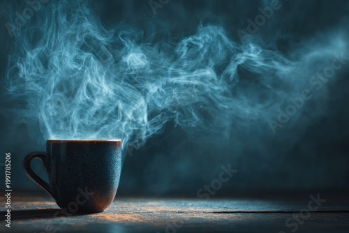 Steaming hot beverage in rustic mug on dark surface