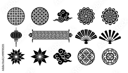 Traditional Chinese decorative elements set, black oriental ornaments with clouds and fans, 14 vector icons for lunar new year design