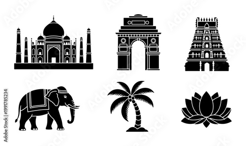 Indian landmarks and cultural symbols vector set, black silhouette icons of Taj Mahal and India Gate, traditional elephant and lotus flower graphics