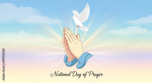 Praying hands in a serene sky with a dove flying above symbolizing peace and spirituality on the national day of prayer
