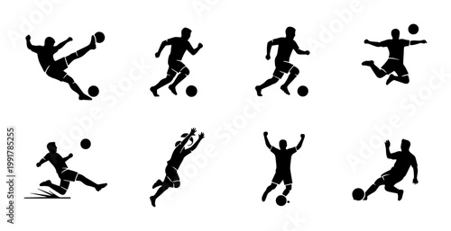 Soccer player silhouettes set, 8 football athlete action poses vector, black sport figures kicking and jumping, professional soccer match icons