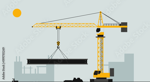 A yellow tower crane lifting a heavy steel beam at a construction site.