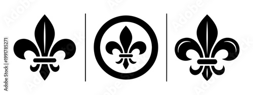 Vintage fleur de lis vector set, black heraldic lily icons for luxury branding, royal floral silhouette collection for elegant wedding stationery