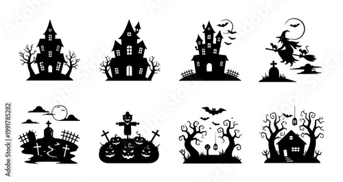 Halloween silhouette collection with haunted houses and spooky elements, set of 8 vector icons, creepy graveyard and witch illustrations for holiday decor