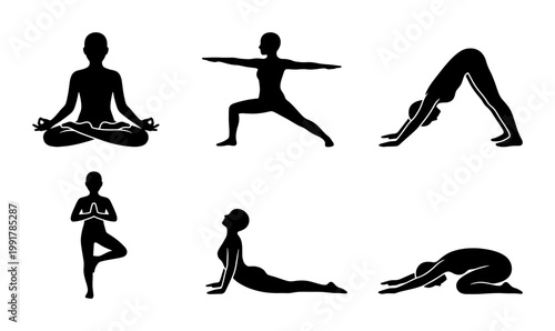 Yoga poses silhouette collection, set of 6 black female figures in stretching and meditation asanas, fitness and wellness vector icons