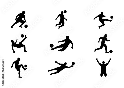 Soccer player silhouettes set, professional football athlete action poses, 9 vector icons of players kicking and jumping, sports competition graphics